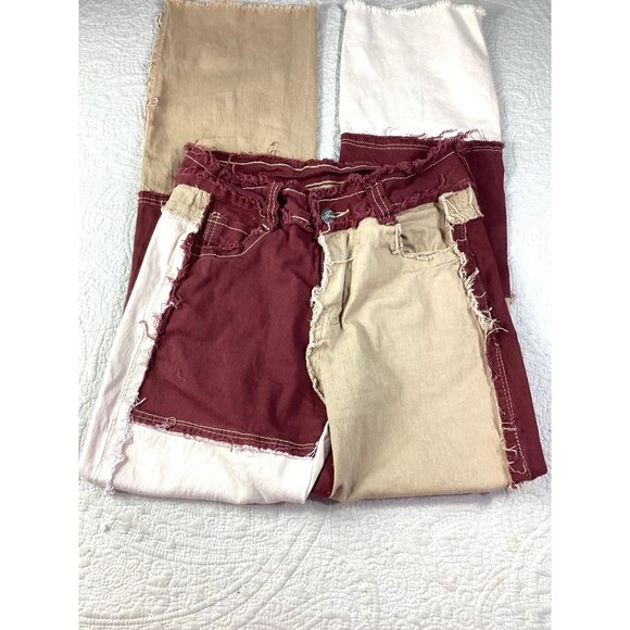 Y2K Distressed Patchwork Straight Jeans Womens Small Beige Black Grunge Rock - Picture 2 of 9